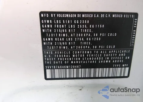 2019 Volkswagen Tiguan 2.0T S из США, поврежденный, VIN 3VV1B7AX4KM120467